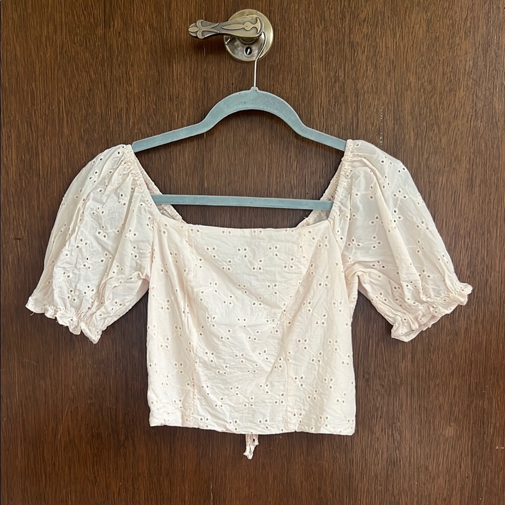 Cream Puff Sleeve Crop Blouse with Tie Front